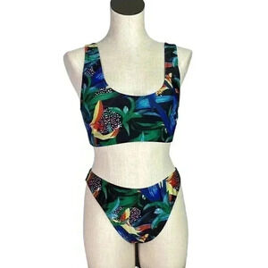 Nasty Gal Women 8 Tropical Leaf Bikini 2 Piece Swimsuit Black Multi High Leg
